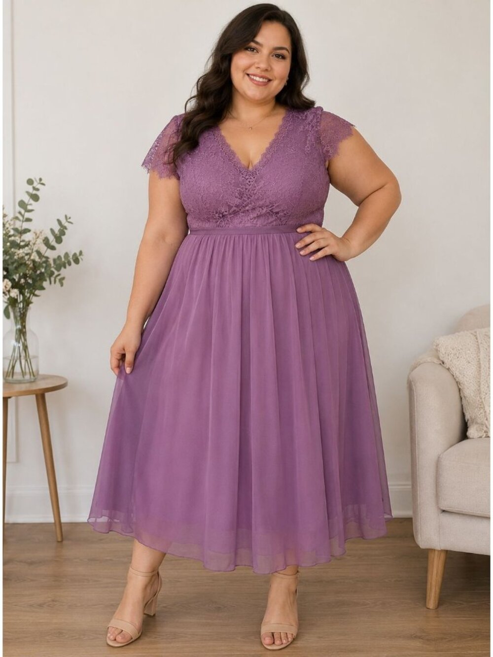 Purple Lace Chiffon Maxi Dress Plus Size 2XL Cap Sleeves & V-Neckline
